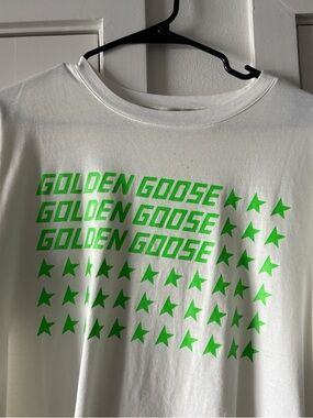 Golden Goose White Tee with Neon Green Logo and Stars